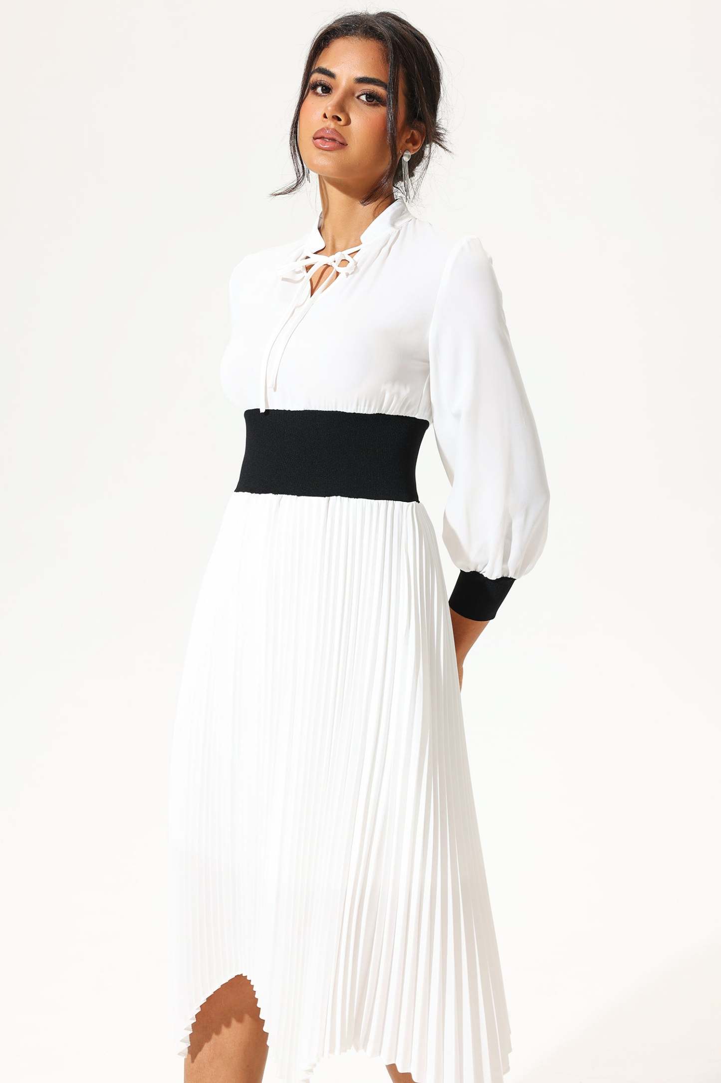 Lantern Sleeve Stand Collar Elastic Belted Midi Dress White