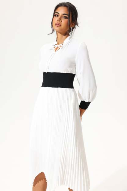 Lantern Sleeve Stand Collar Elastic Belted Midi Dress White