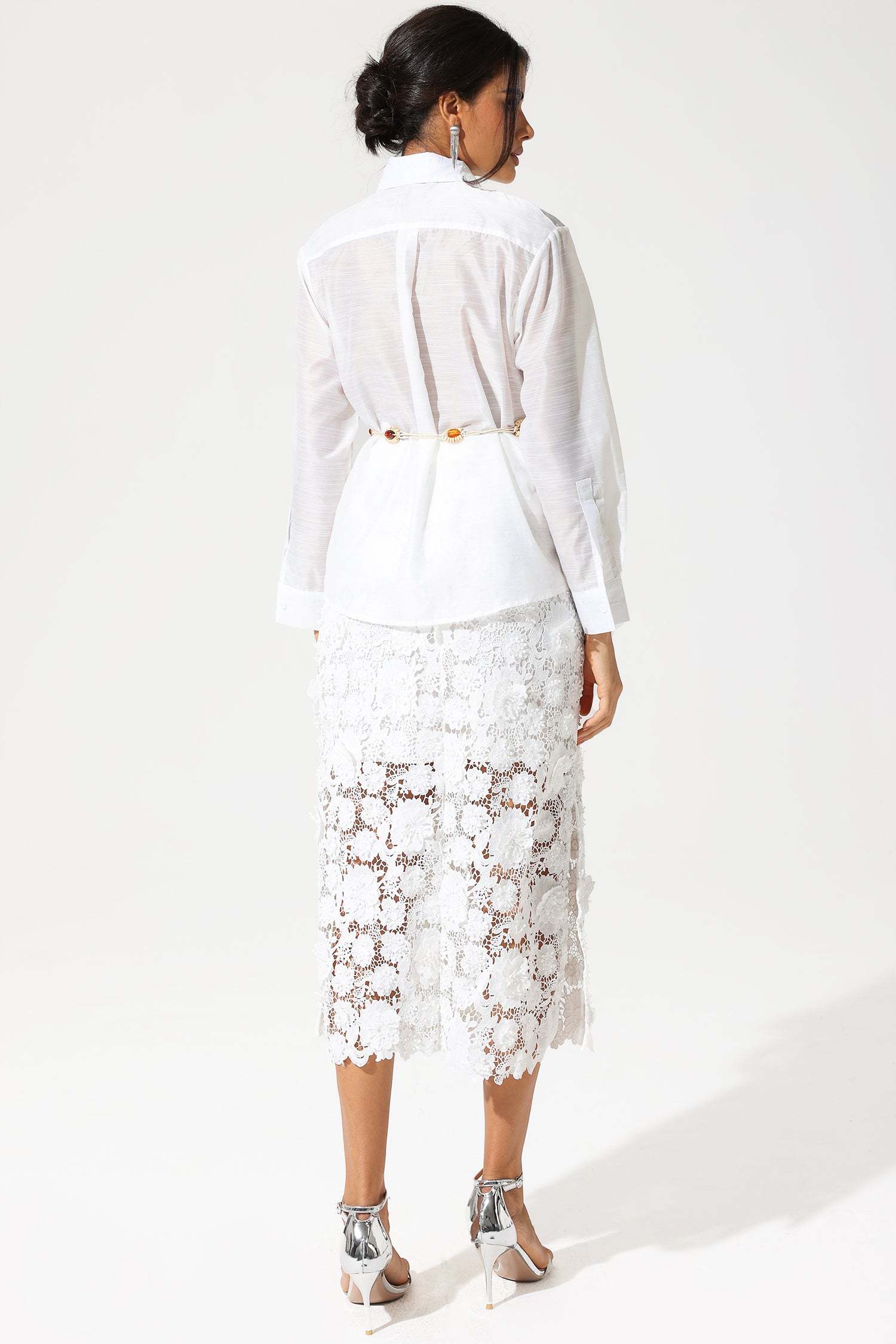 Long Sleeve Lace Cut-Out Slit Dress Suit White