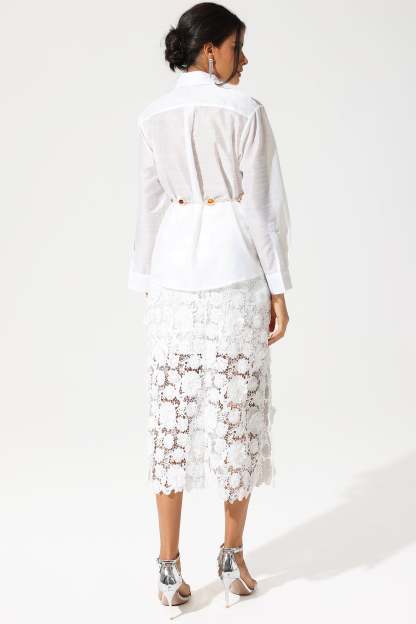 Long Sleeve Lace Cut-Out Slit Dress Suit White