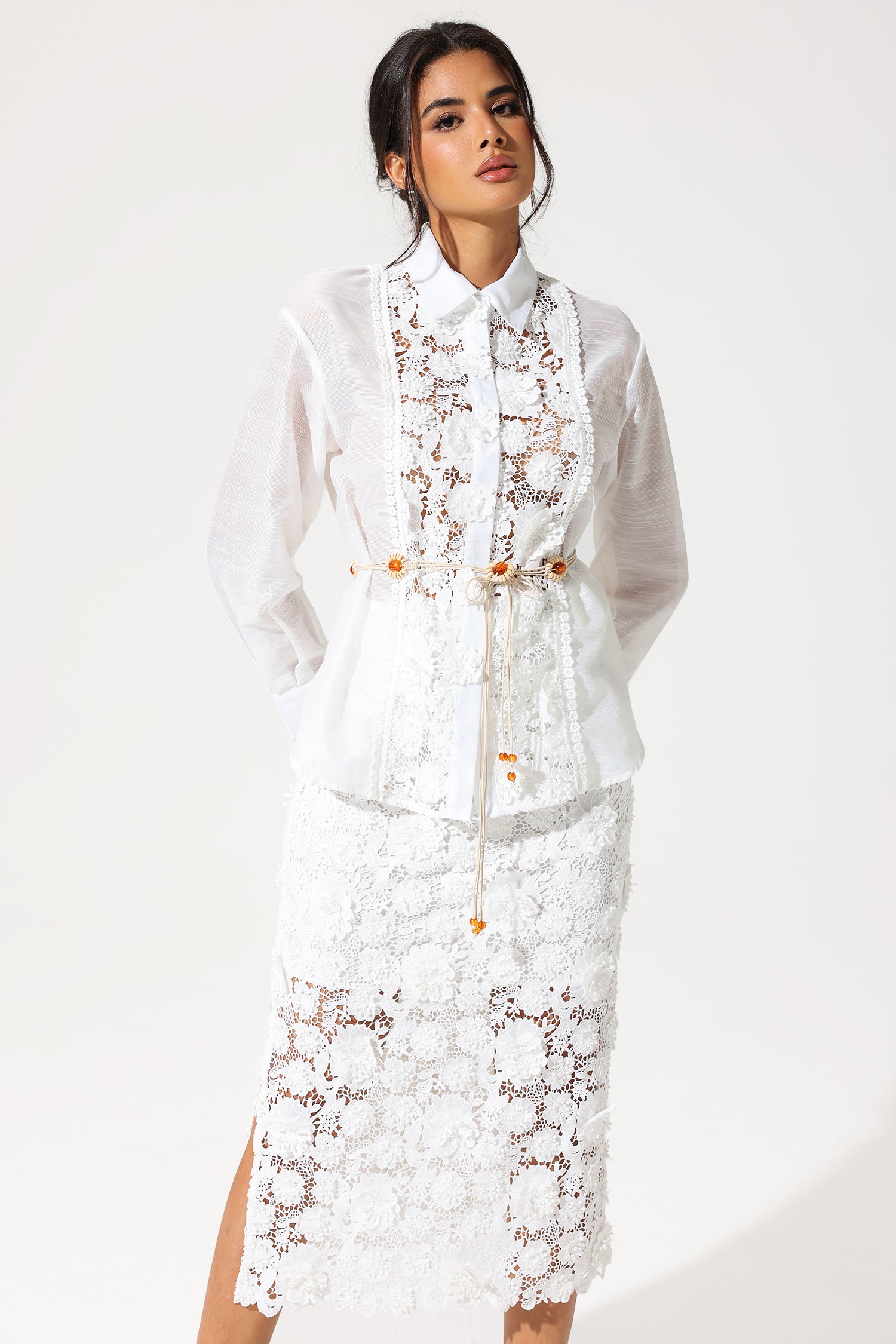 Long Sleeve Lace Cut-Out Slit Dress Suit White