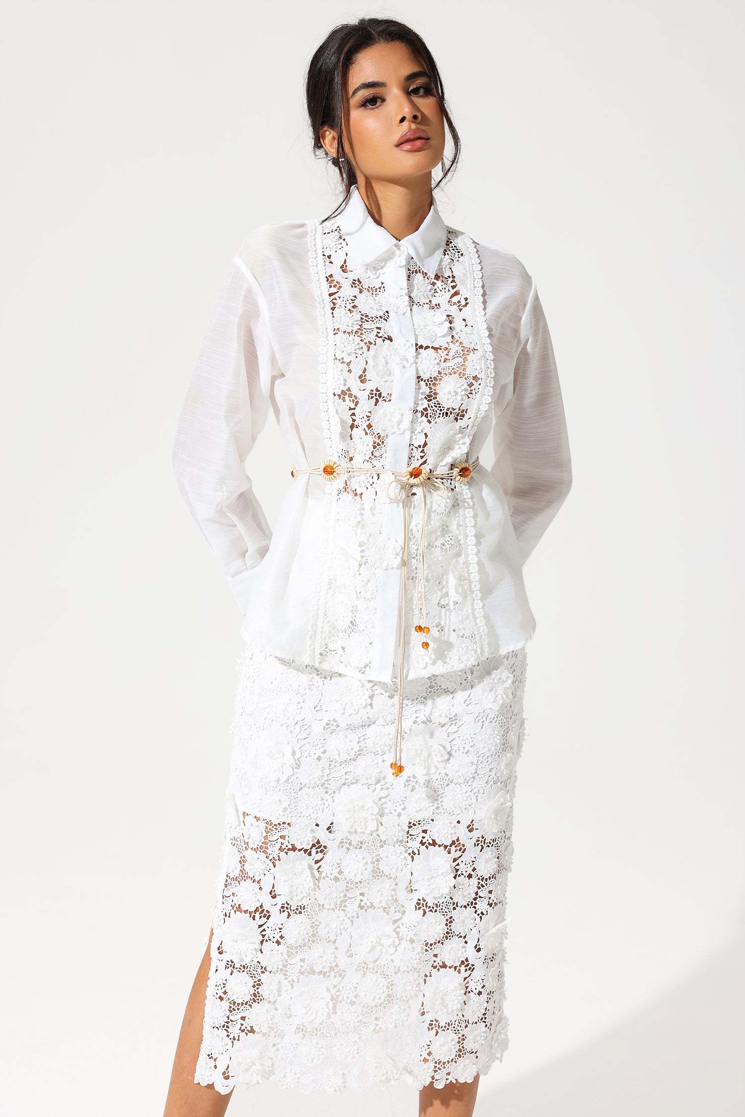 Long Sleeve Lace Cut-Out Slit Dress Suit White