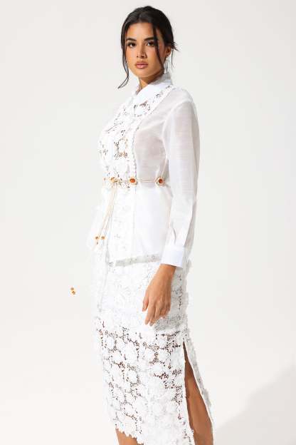 Long Sleeve Lace Cut-Out Slit Dress Suit White
