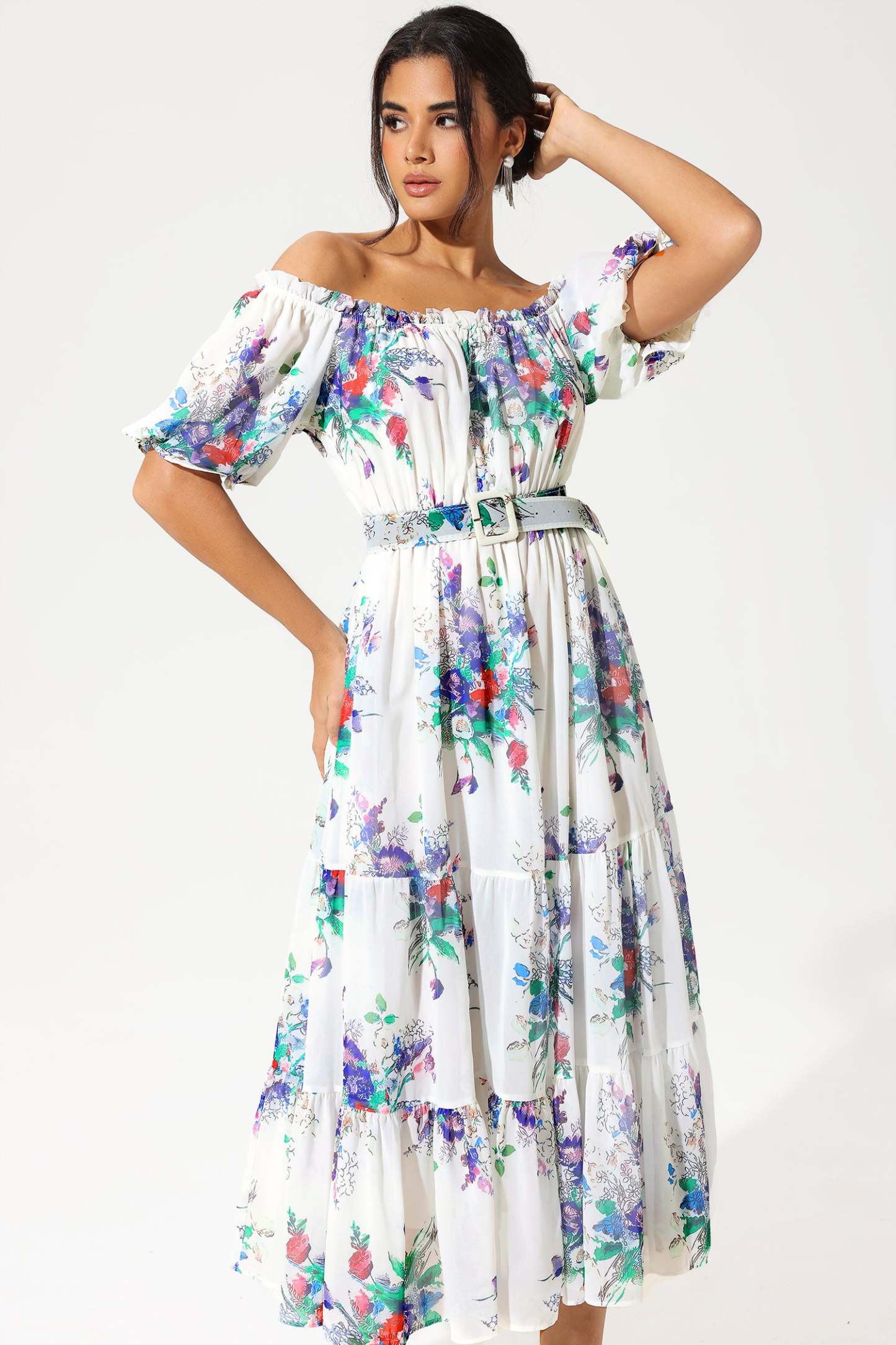 Floral Puff Sleeve Off-Shoulder Ruffle Hem Maxi Dress