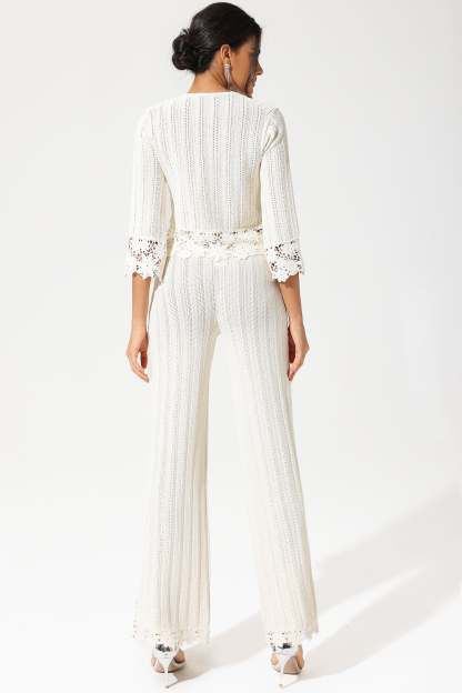 Crew Collar Cut-Out Lace Hem Knit Suit