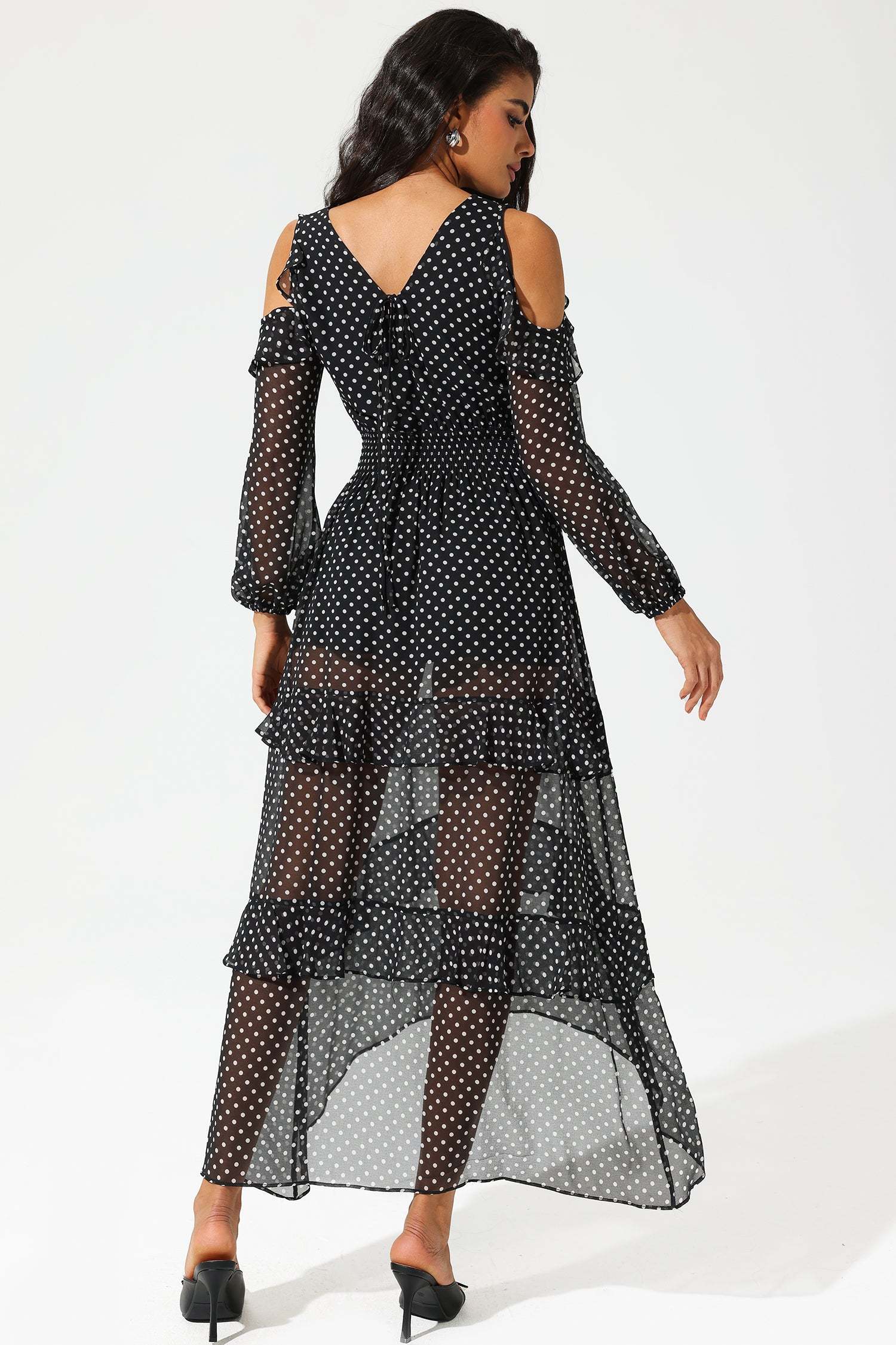 Cold-Shoulder V-Neck Ruffled Maxi Dress