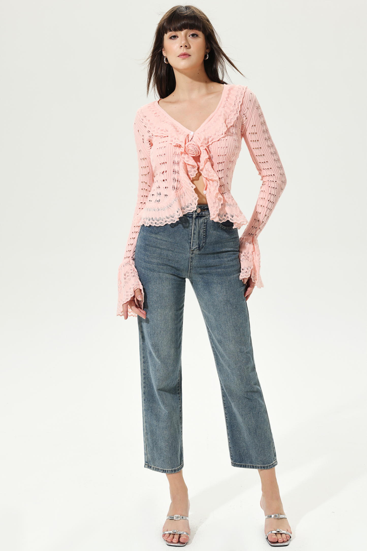 Flared Sleeve V-Neck Frill Hem Knit Cardigan Pink