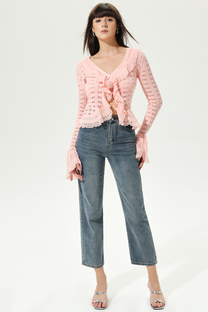 Flared Sleeve V-Neck Frill Hem Knit Cardigan Pink