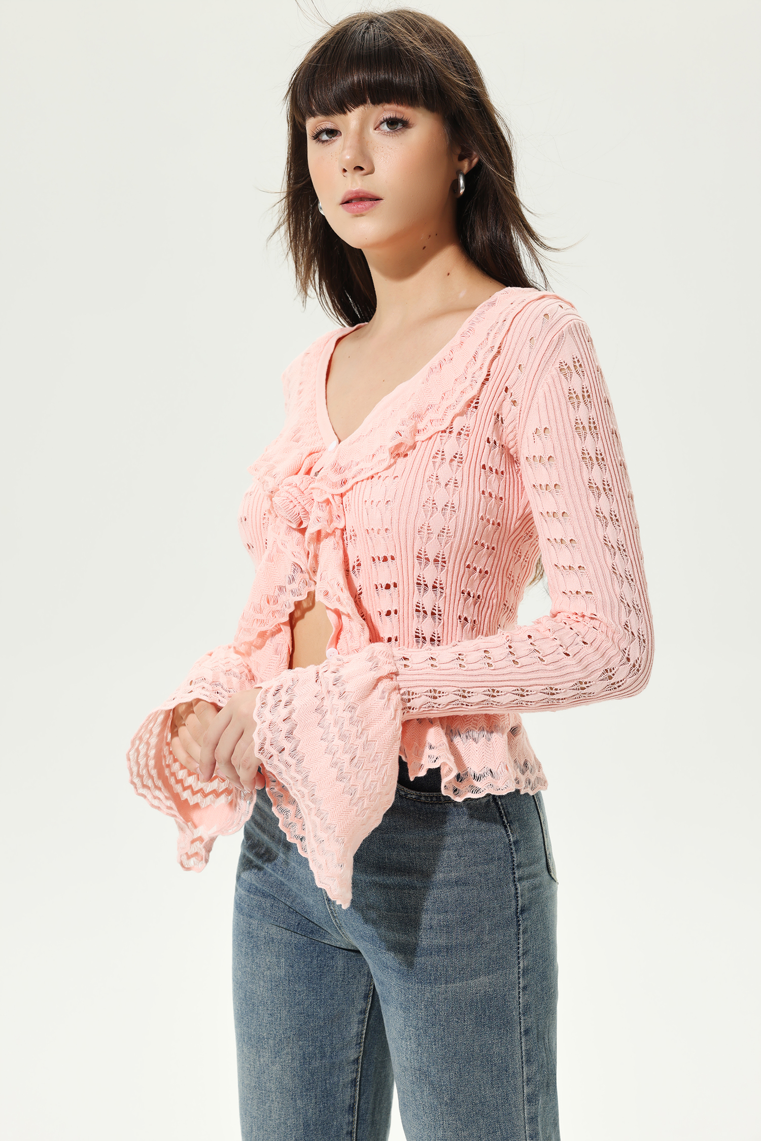 Flared Sleeve V-Neck Frill Hem Knit Cardigan Pink