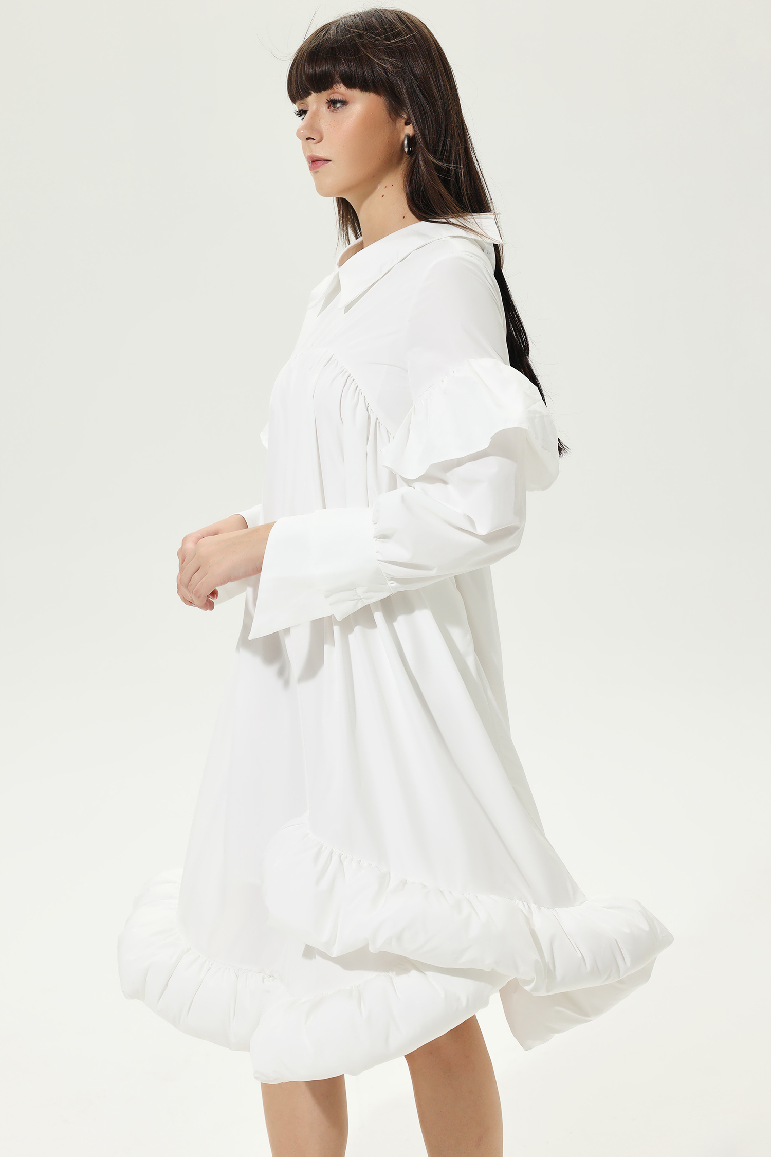Lantern Sleeve Ruffled Lapel Irregular Midi Dress
