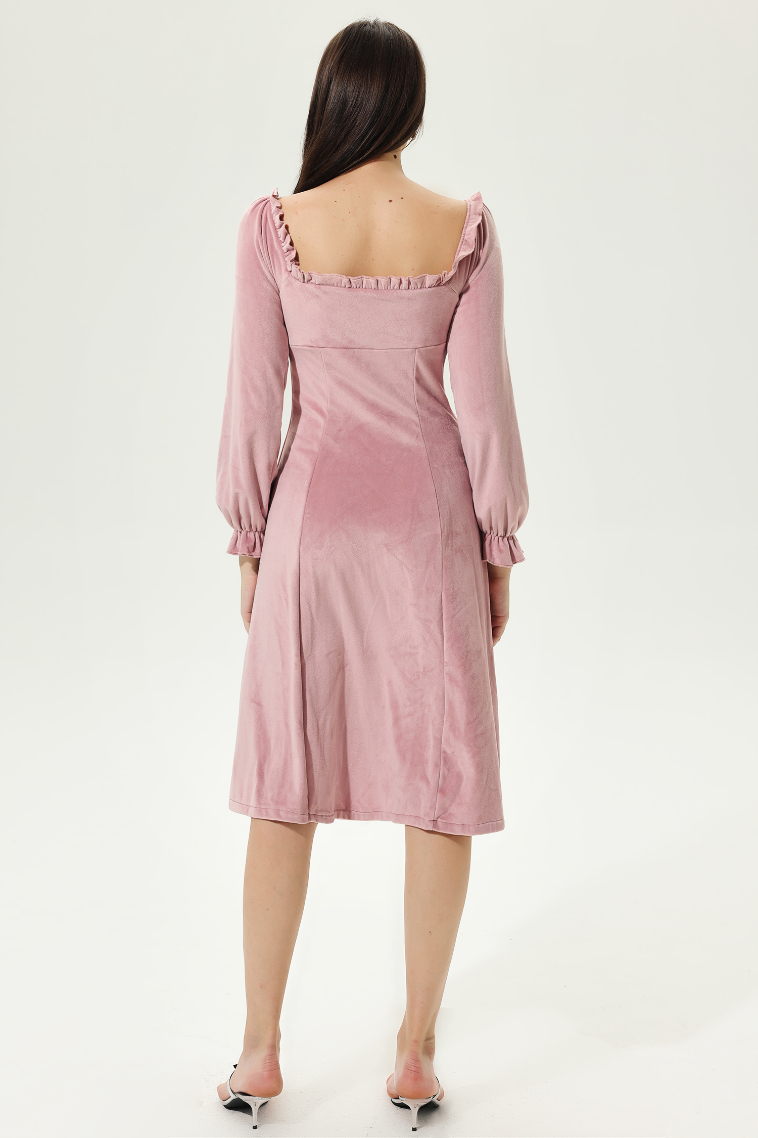 Velvet Sweetheart Neck Buckle Pleated Midi Dress Pink