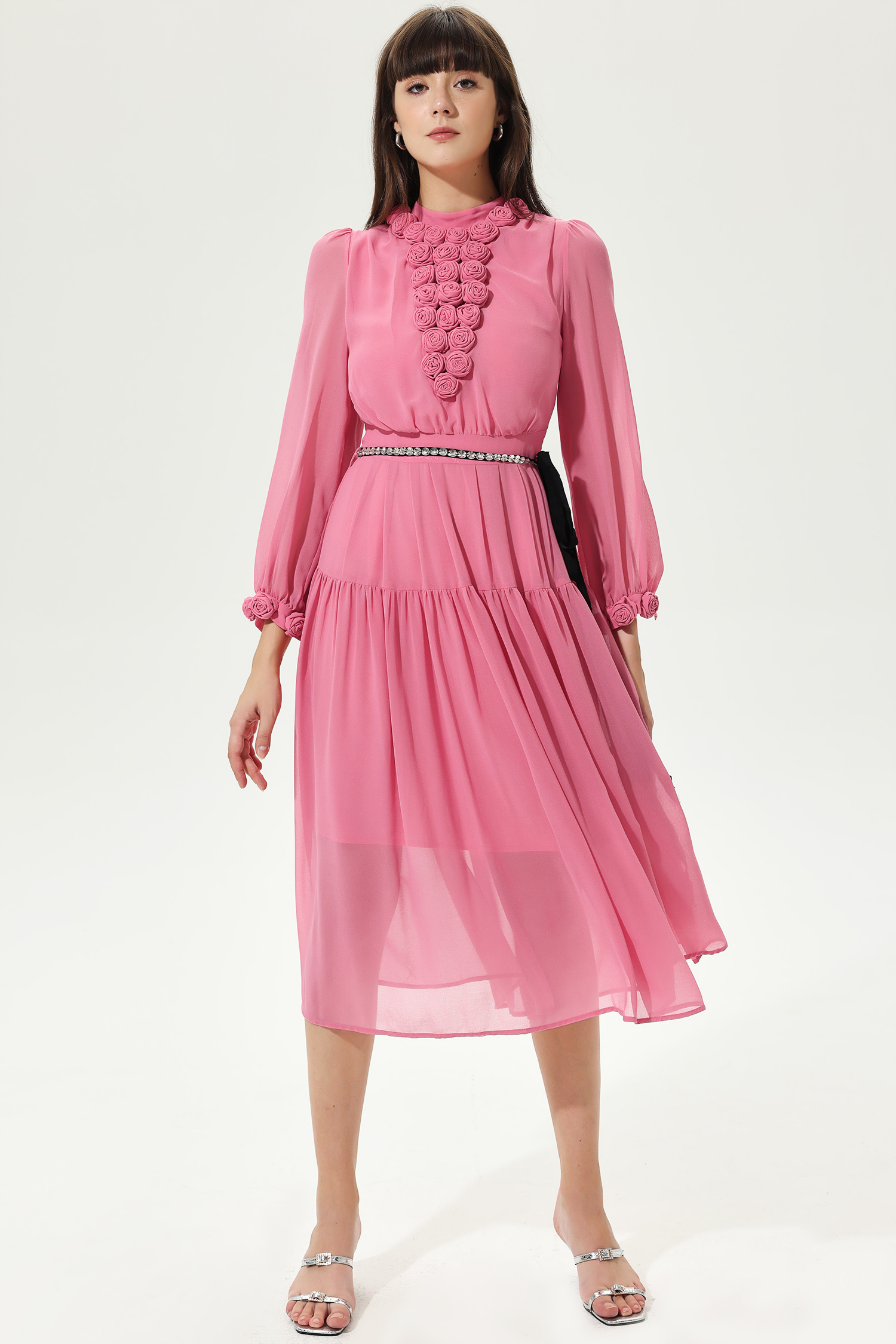 3D Flower Lantern Sleeve Crew Collar Midi Dress Pink