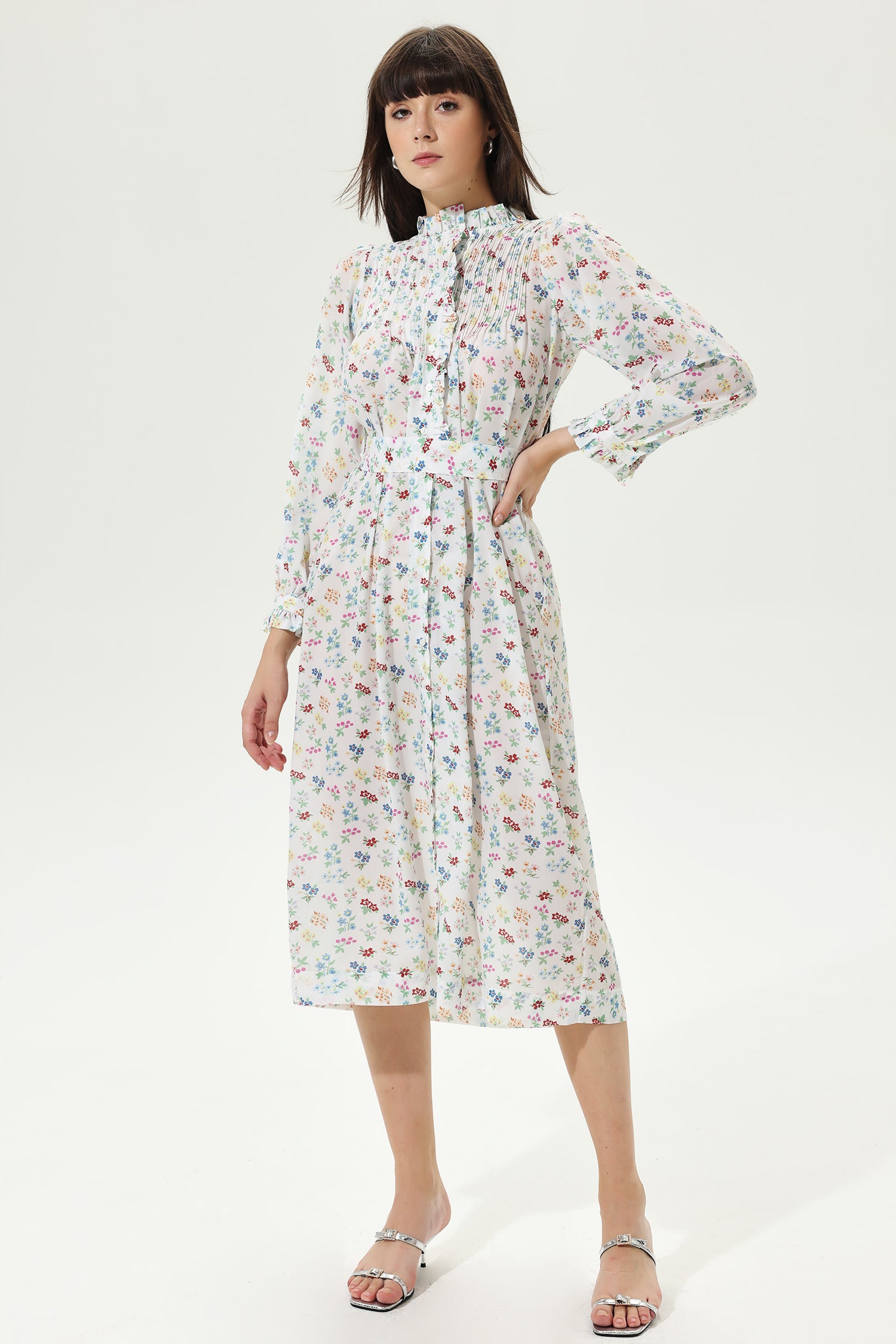 Floral Long Sleeve Lace Up Midi Dress