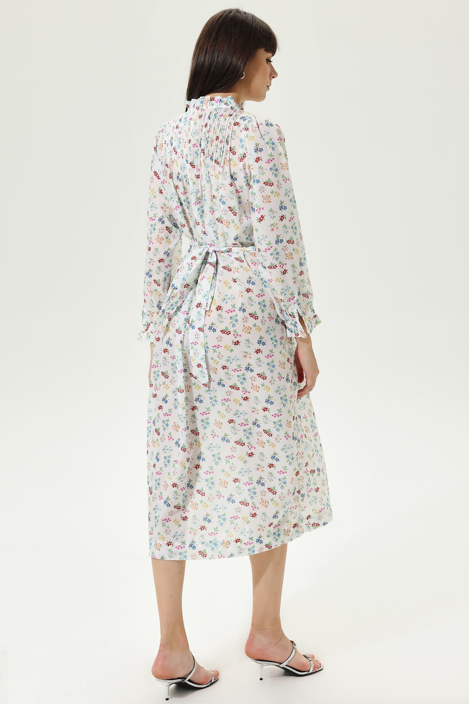 Floral Long Sleeve Lace Up Midi Dress