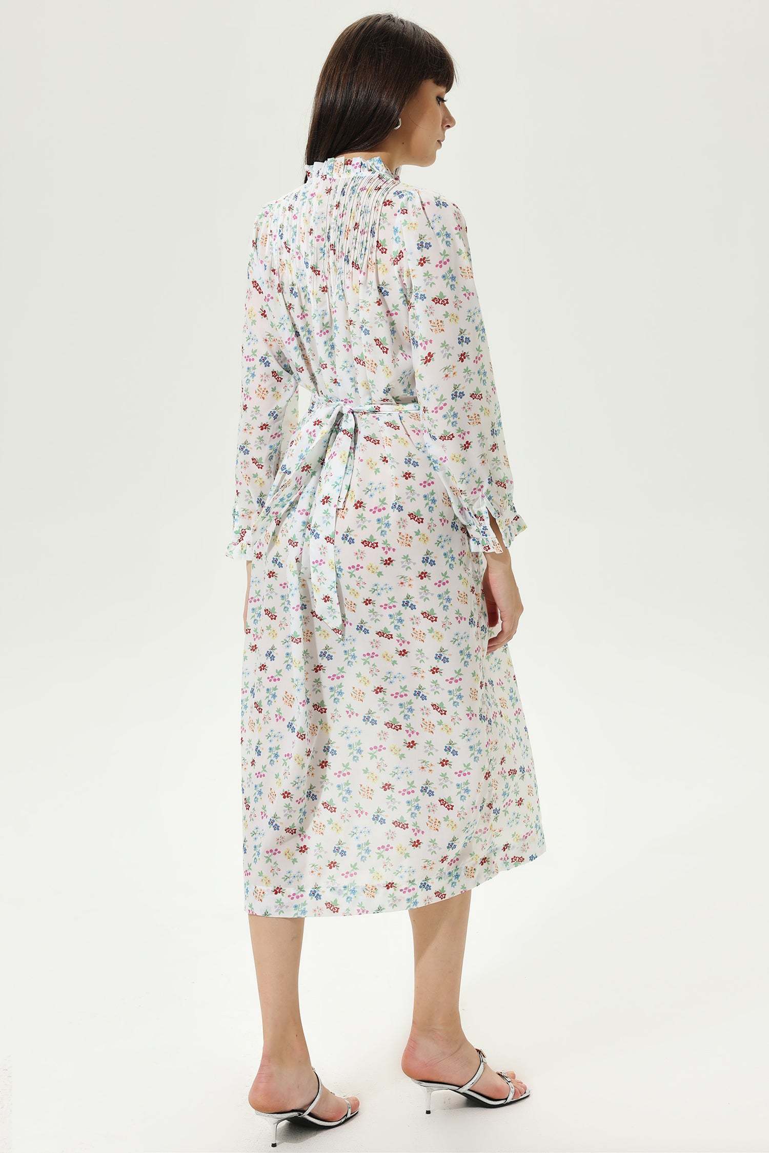 Floral Long Sleeve Lace Up Midi Dress