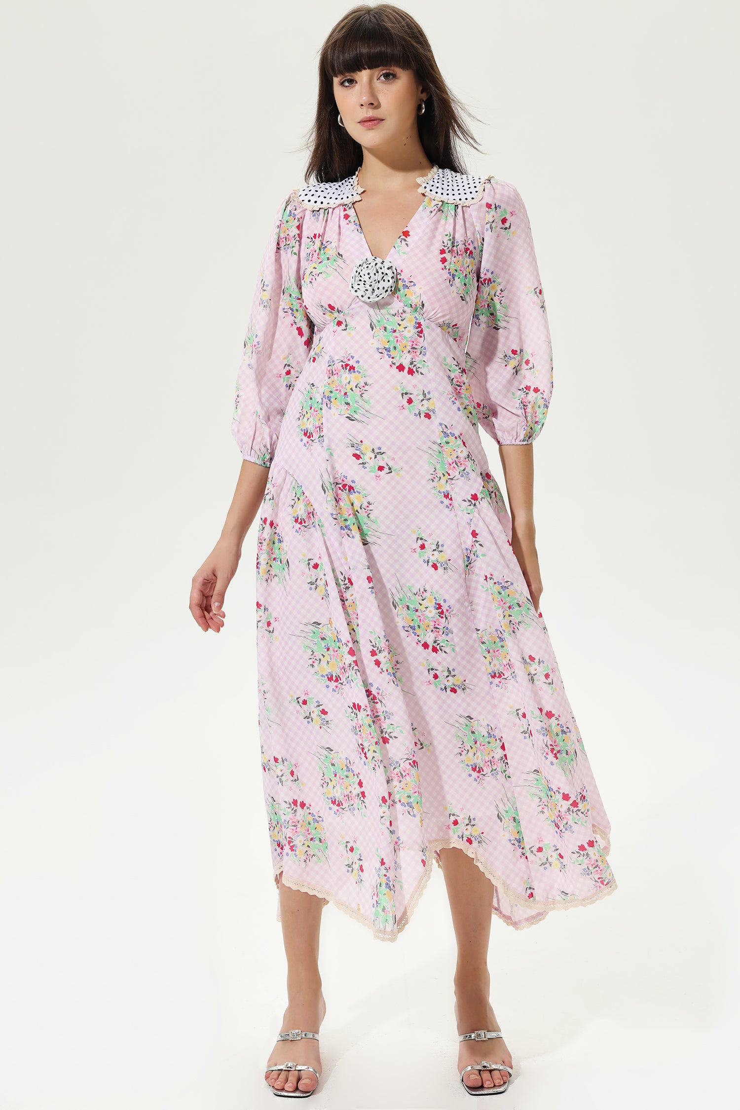 Floral Lantern Sleeve V-Neck Belted  Lattice Flower Midi Dress