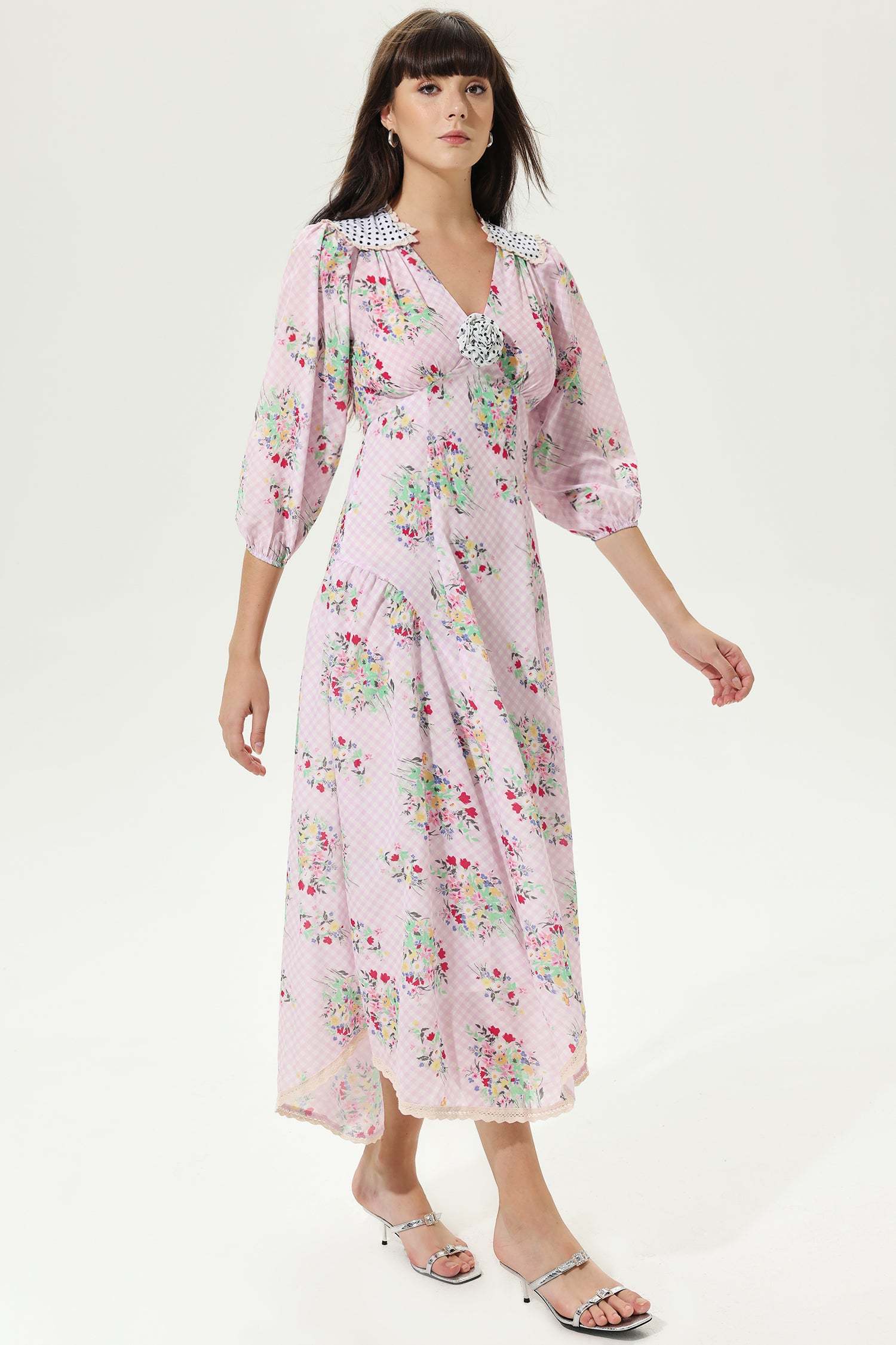 Floral Lantern Sleeve V-Neck Belted  Lattice Flower Midi Dress