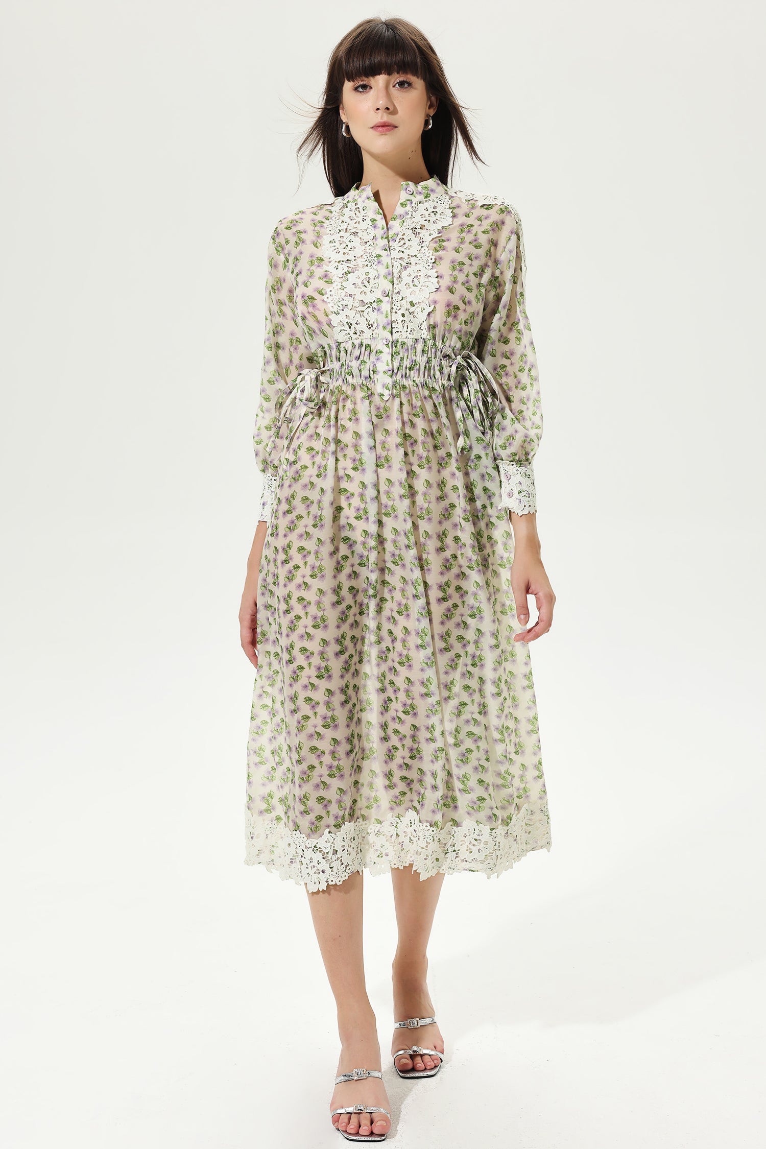 Floral Lantern Sleeve Crew Collar Tiered Ruched Elastic Broderie Anglaise Midi Dress