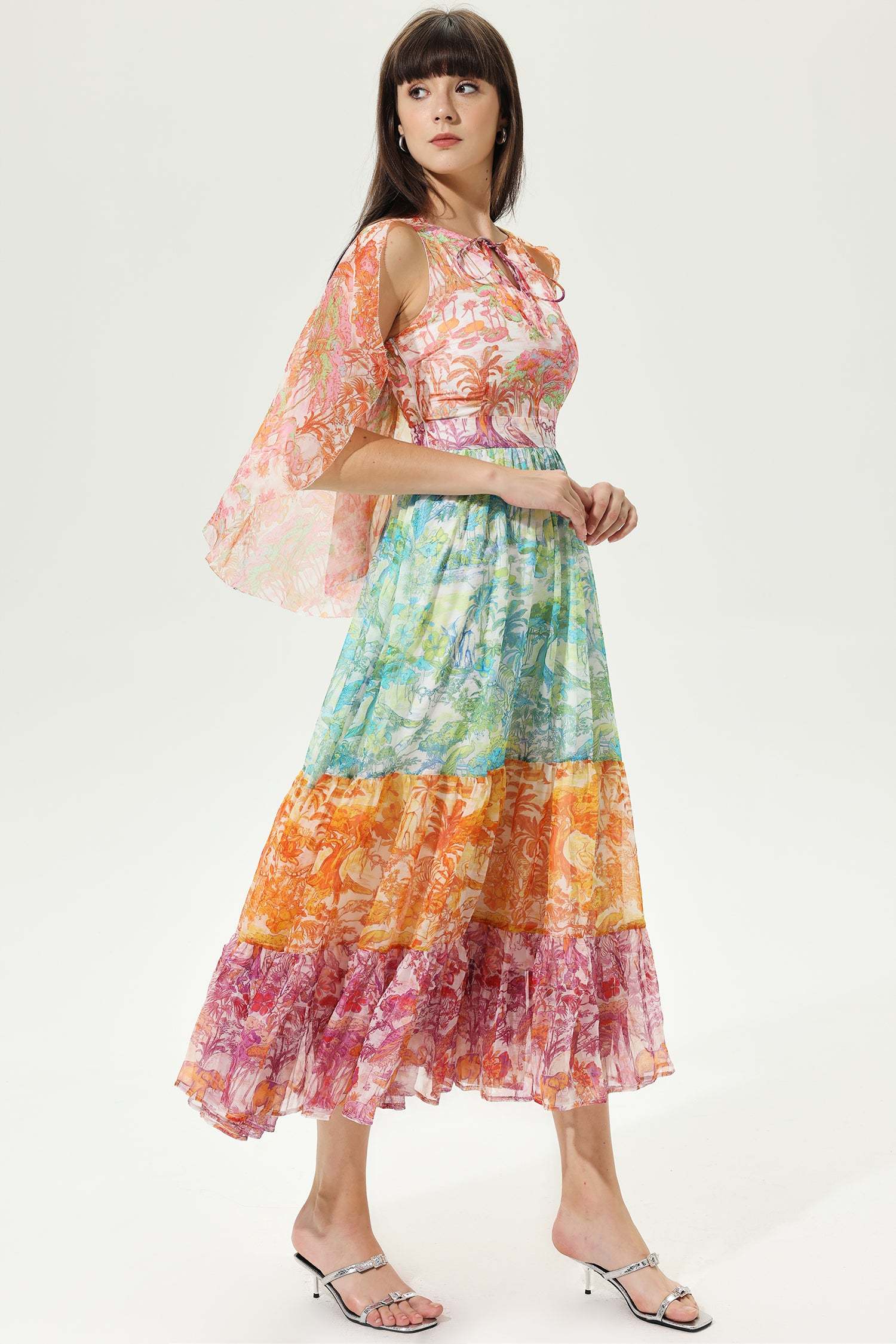 Color Floral Asymmetric Sleeve Crew Collar Laced Chest Trim Midi Dress