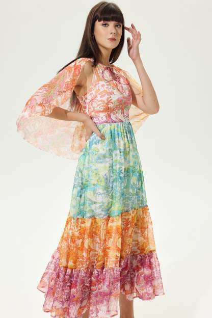 Color Floral Asymmetric Sleeve Crew Collar Laced Chest Trim Midi Dress