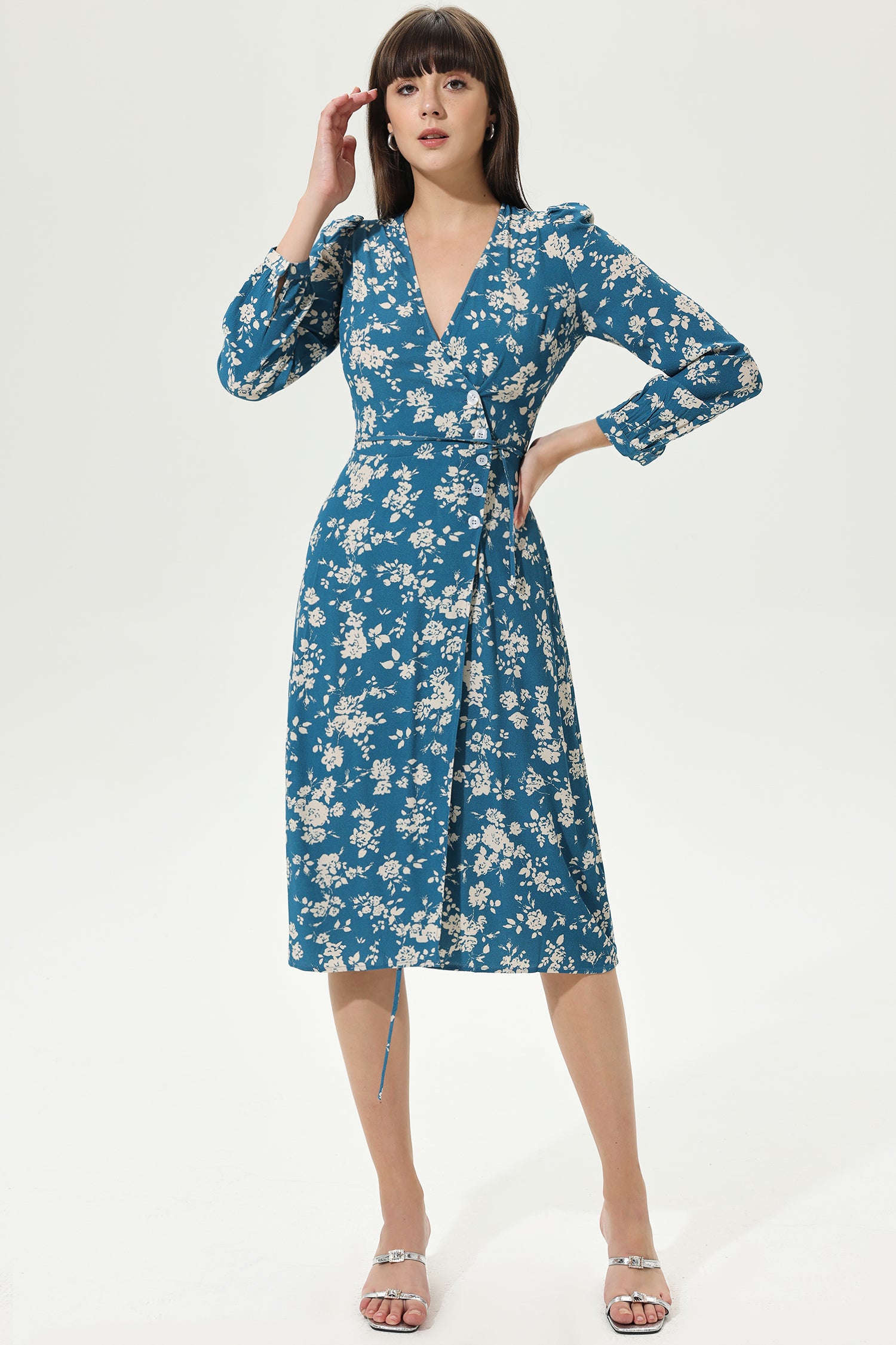 Floral Long Sleeve V-Neck Slit Midi Dress Blue