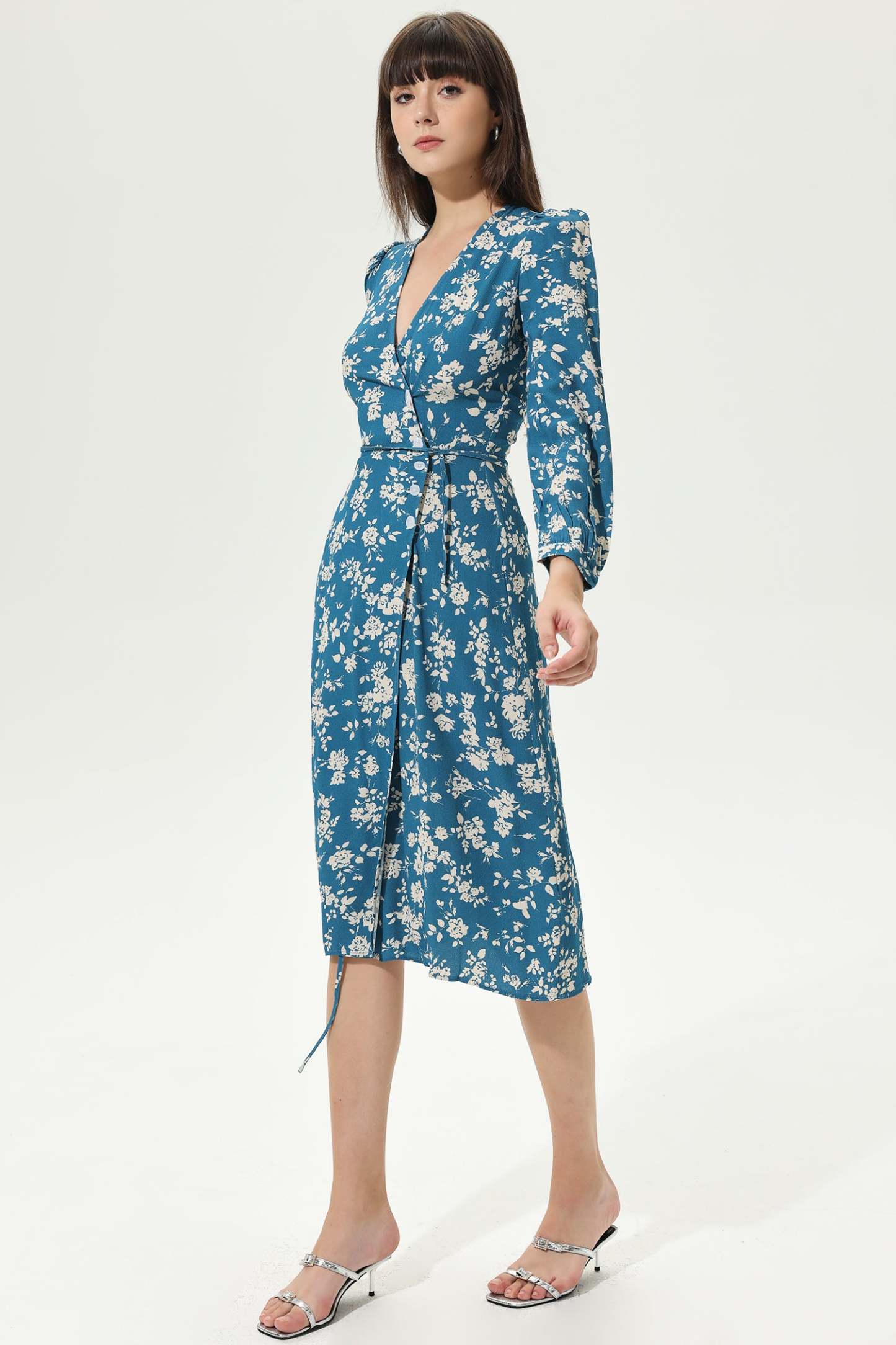 Floral Long Sleeve V-Neck Slit Midi Dress Blue