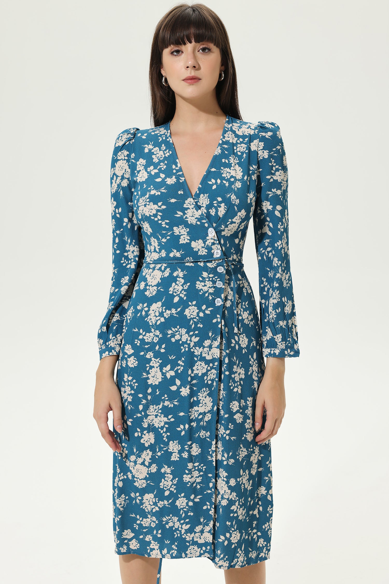 Floral Long Sleeve V-Neck Slit Midi Dress Blue