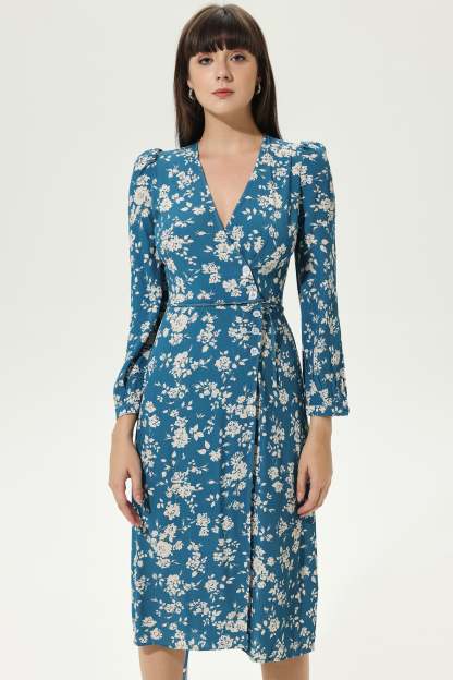 Floral Long Sleeve V-Neck Slit Midi Dress Blue
