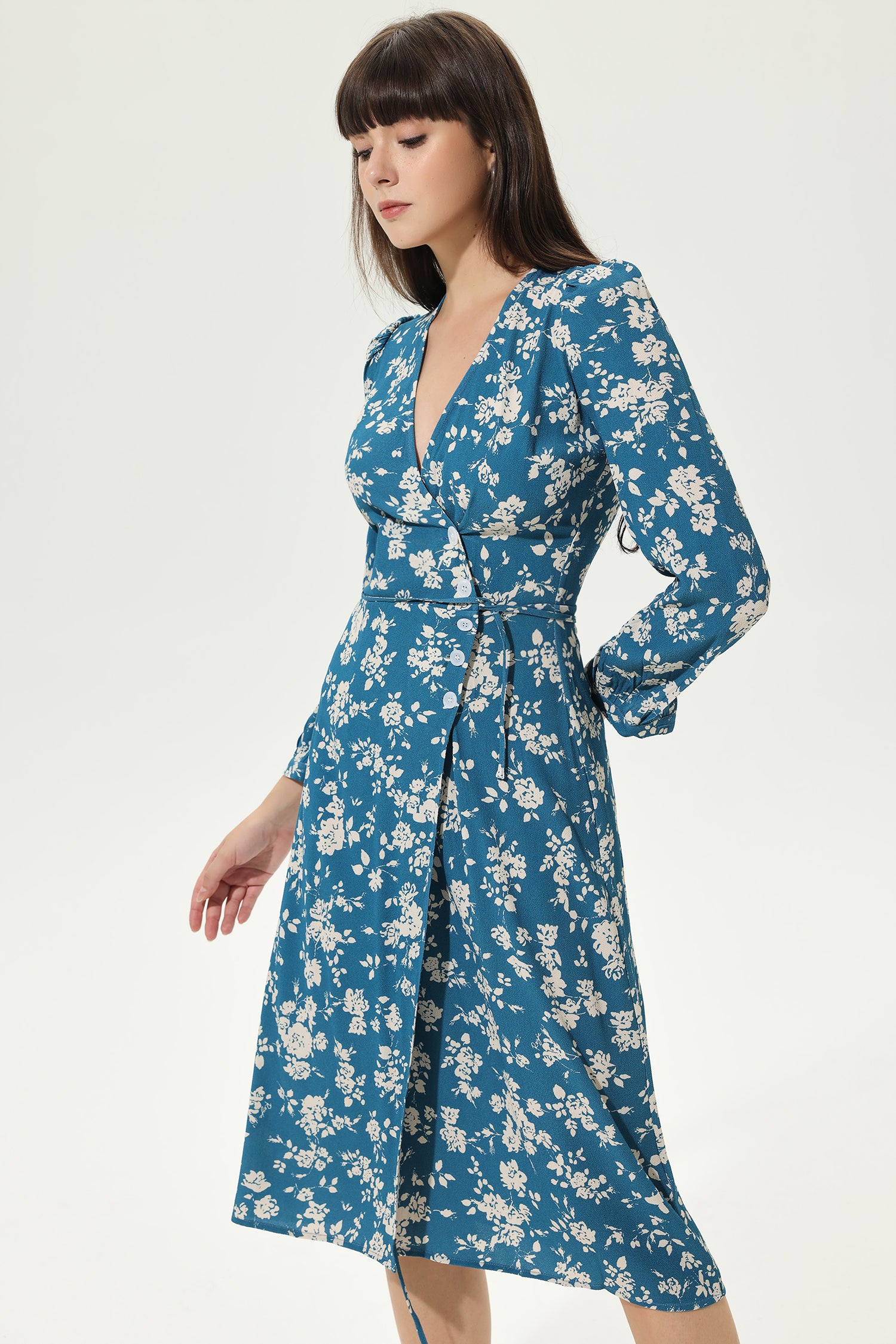 Floral Long Sleeve V-Neck Slit Midi Dress Blue