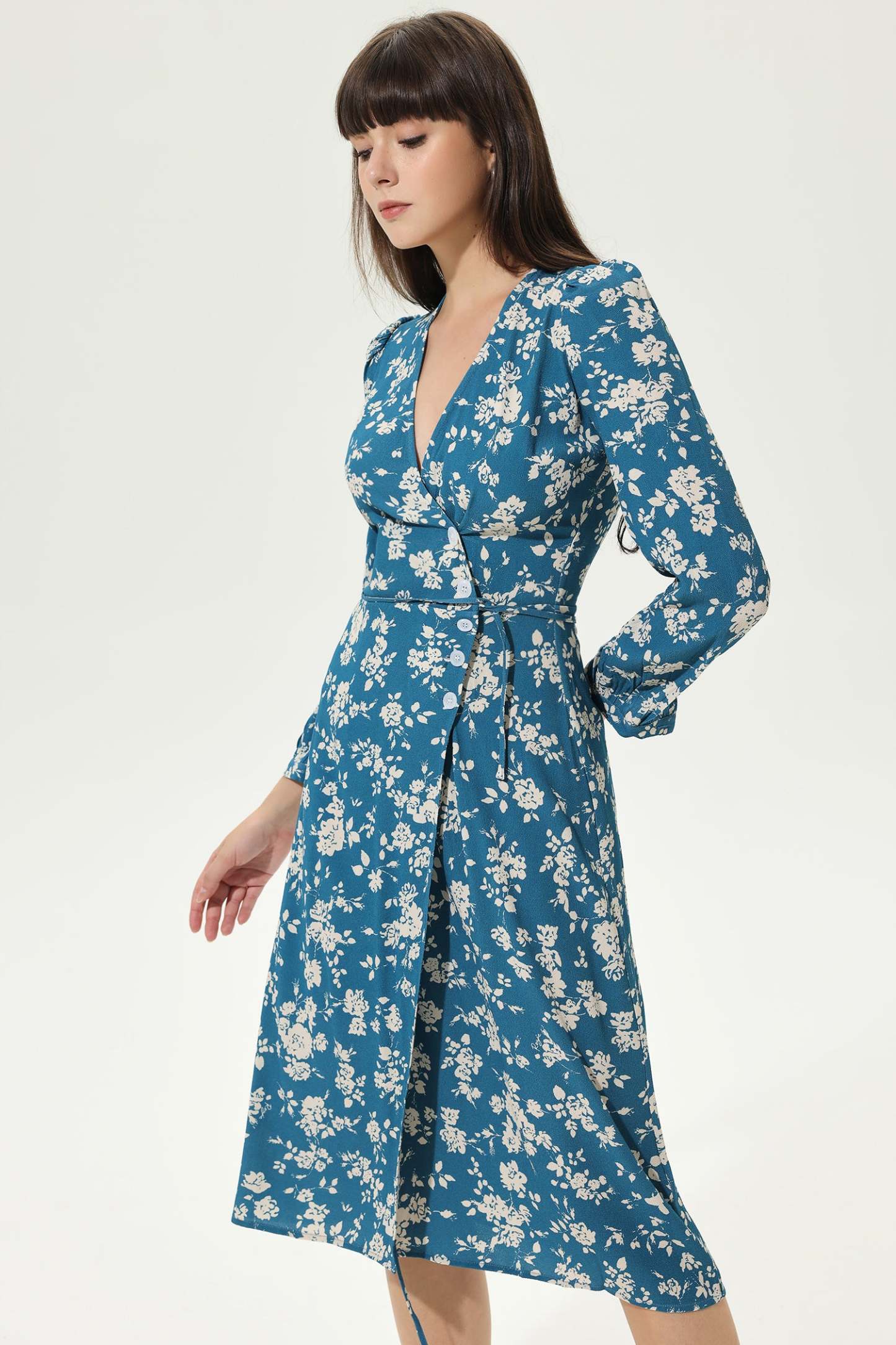 Floral Long Sleeve V-Neck Slit Midi Dress Blue