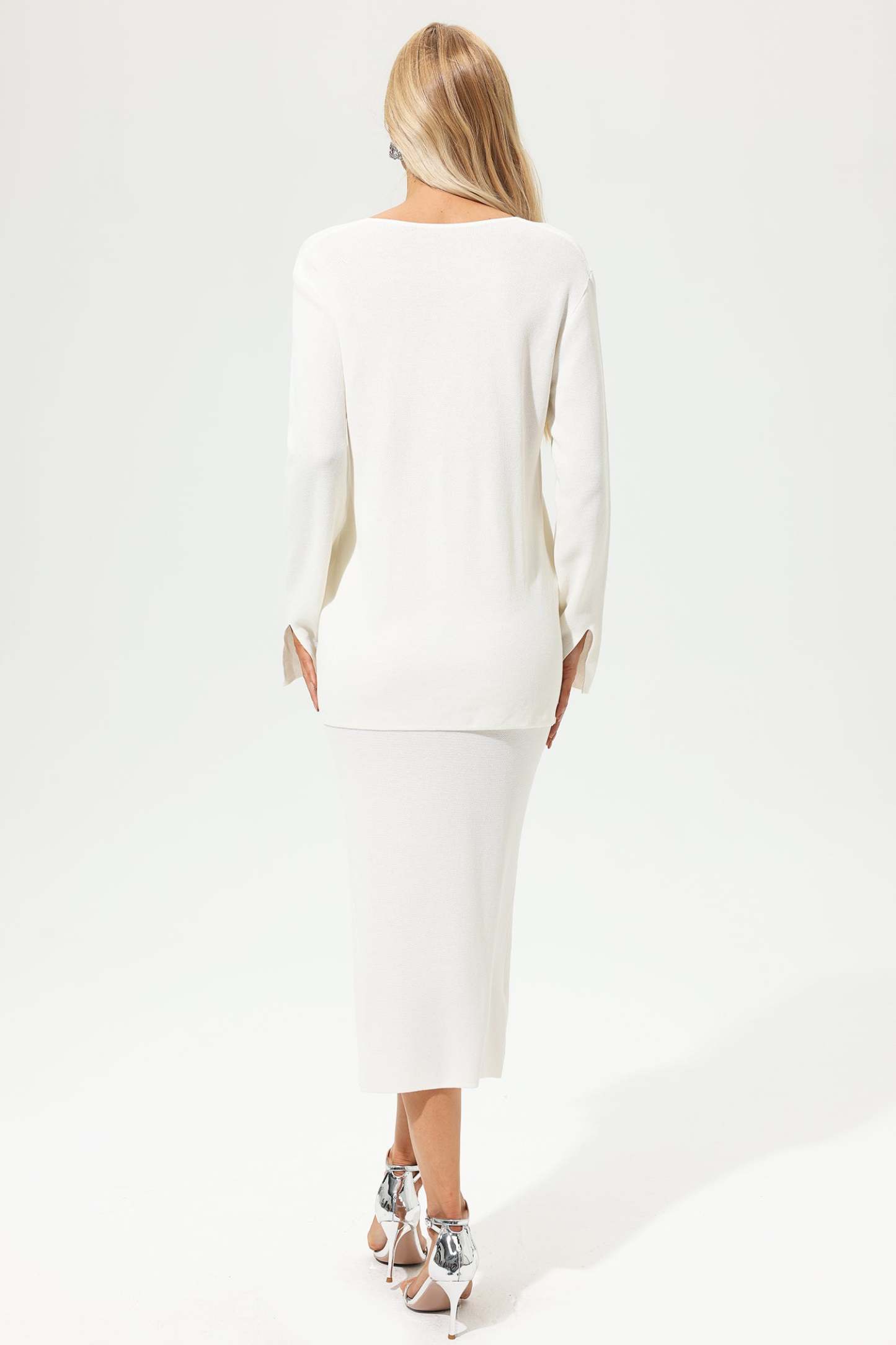 Long Sleeve V-Neck Slim Dress Two-piece Set White