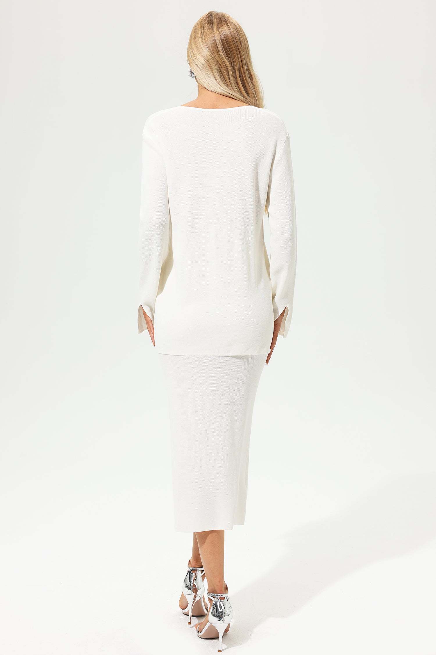 Long Sleeve V-Neck Slim Dress Two-piece Set White