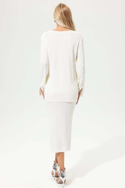 Long Sleeve V-Neck Slim Dress Two-piece Set White