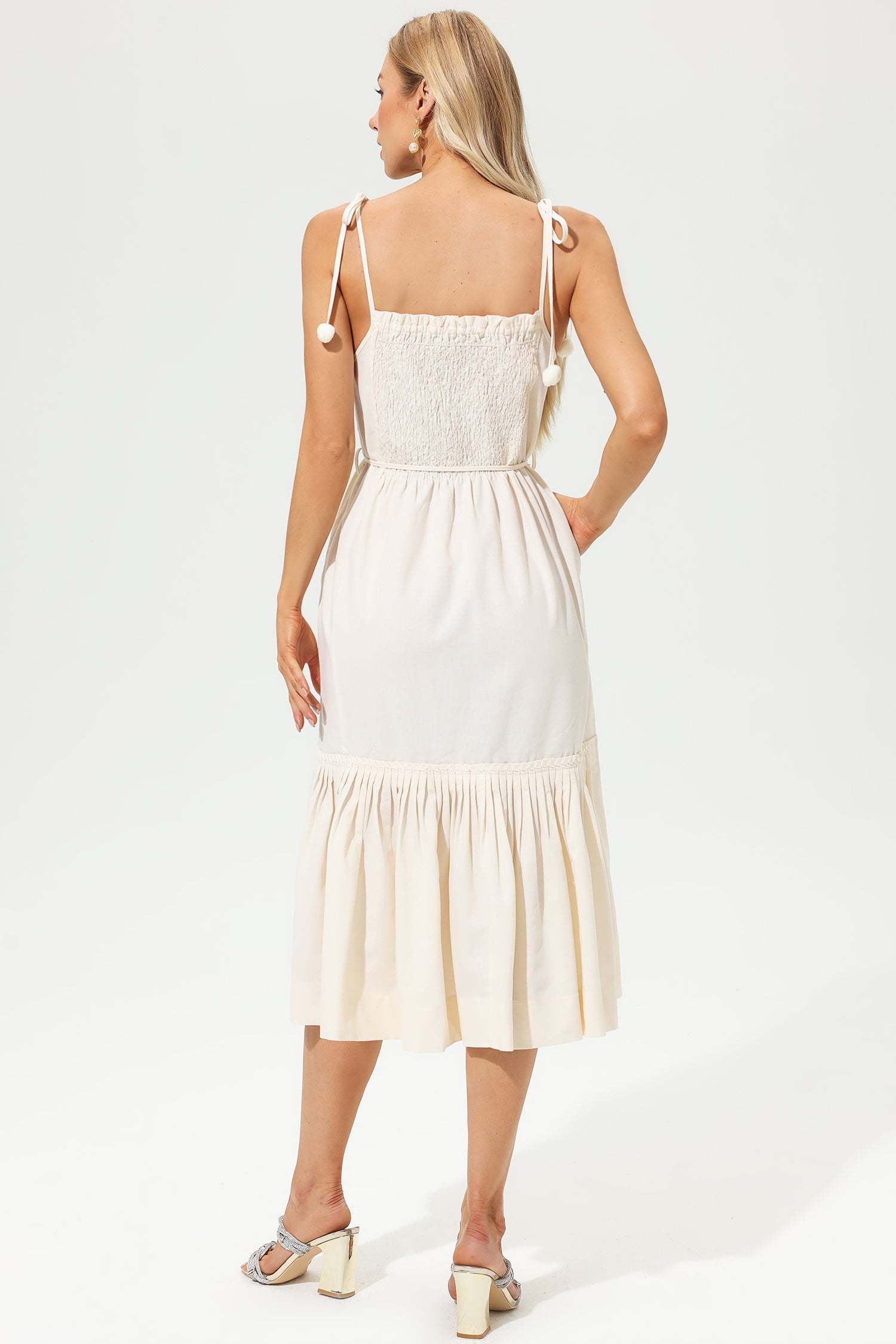 Pleated Lace Up Midi Dress White