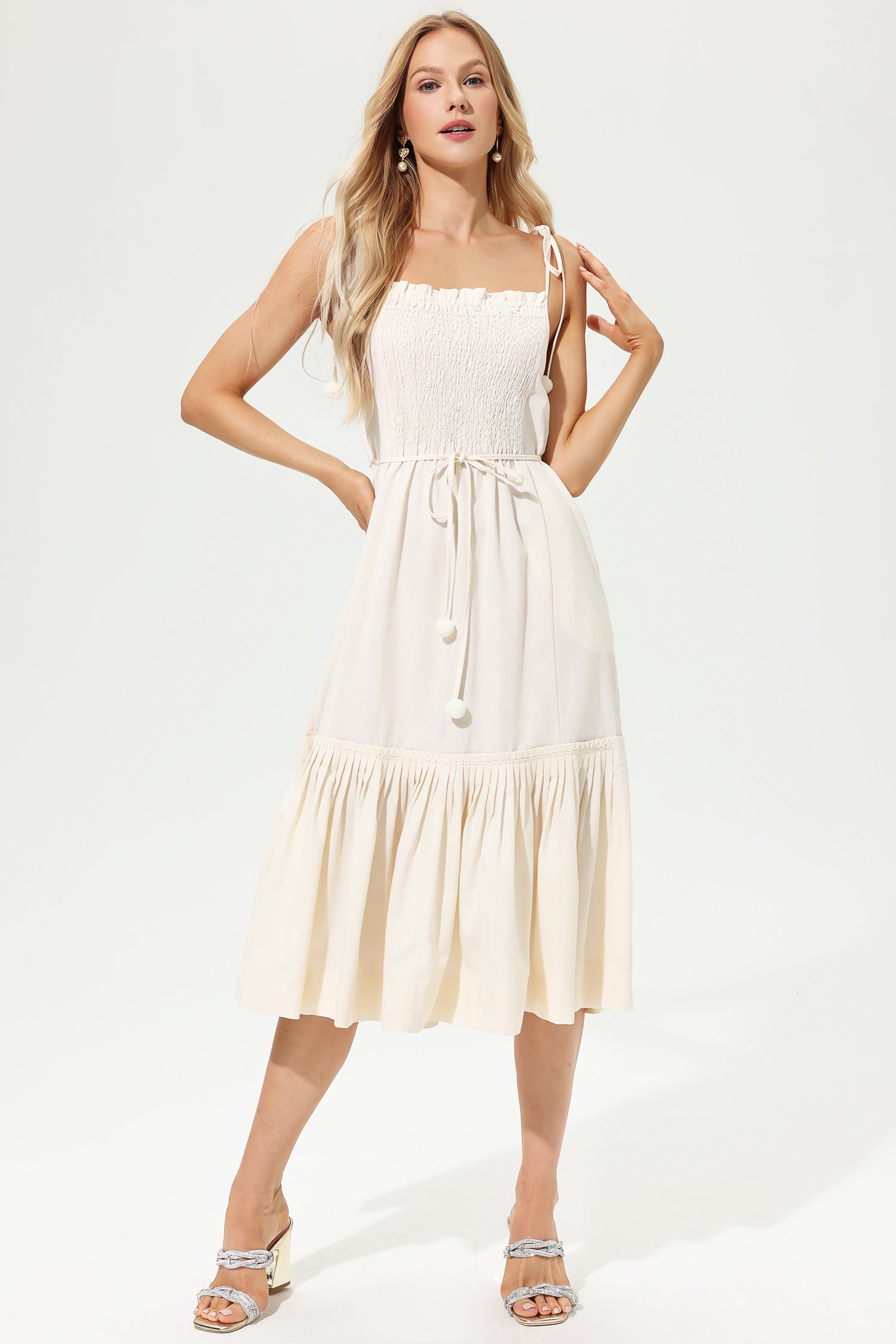 Pleated Lace Up Midi Dress White