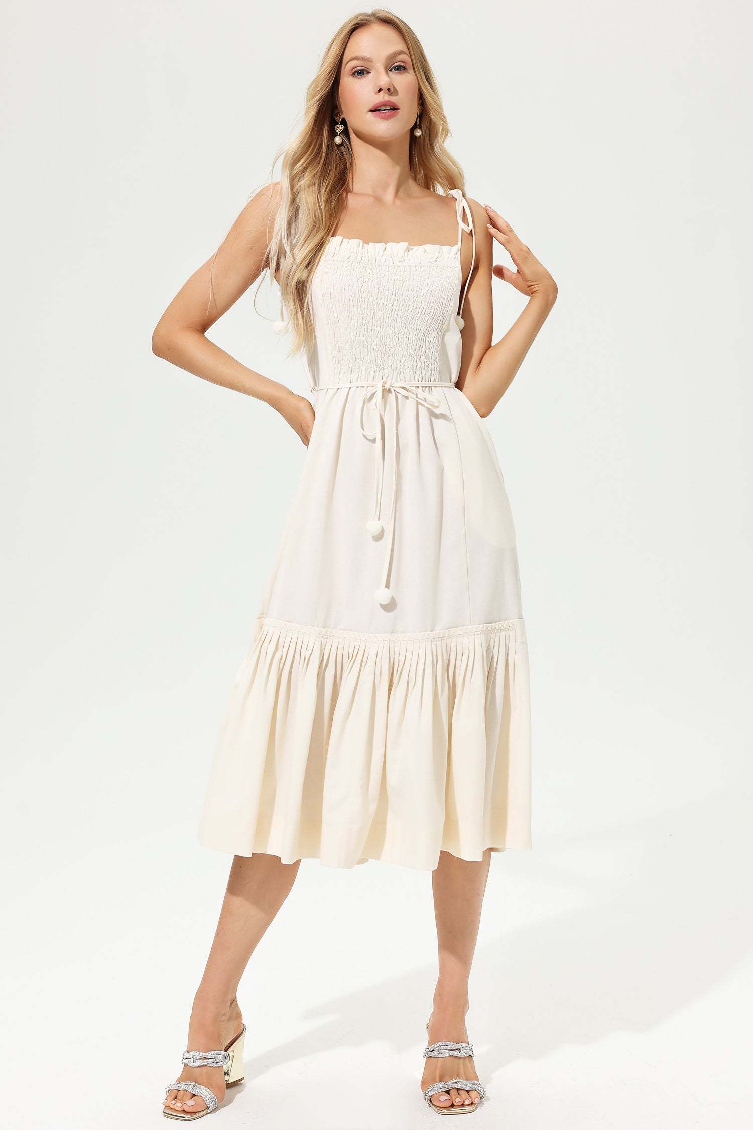 Pleated Lace Up Midi Dress White