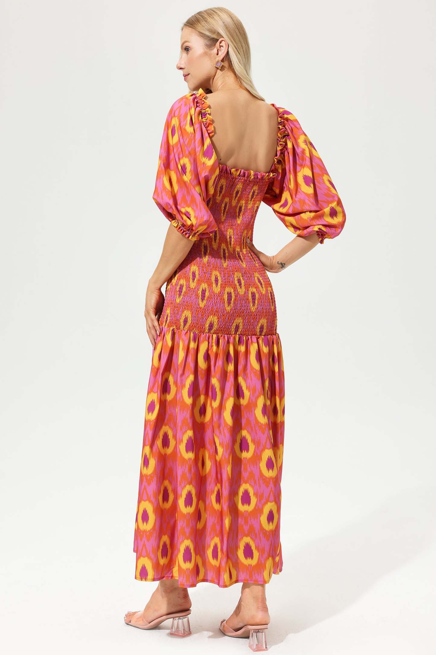 Lantern Sleeve Off-Shoulder Smocked Elastic Midi Dress