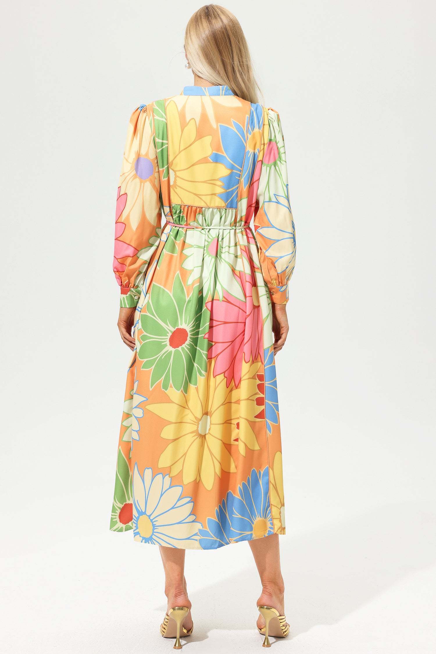 Floral Long Sleeve Stand Collar Lace Up Midi Dress