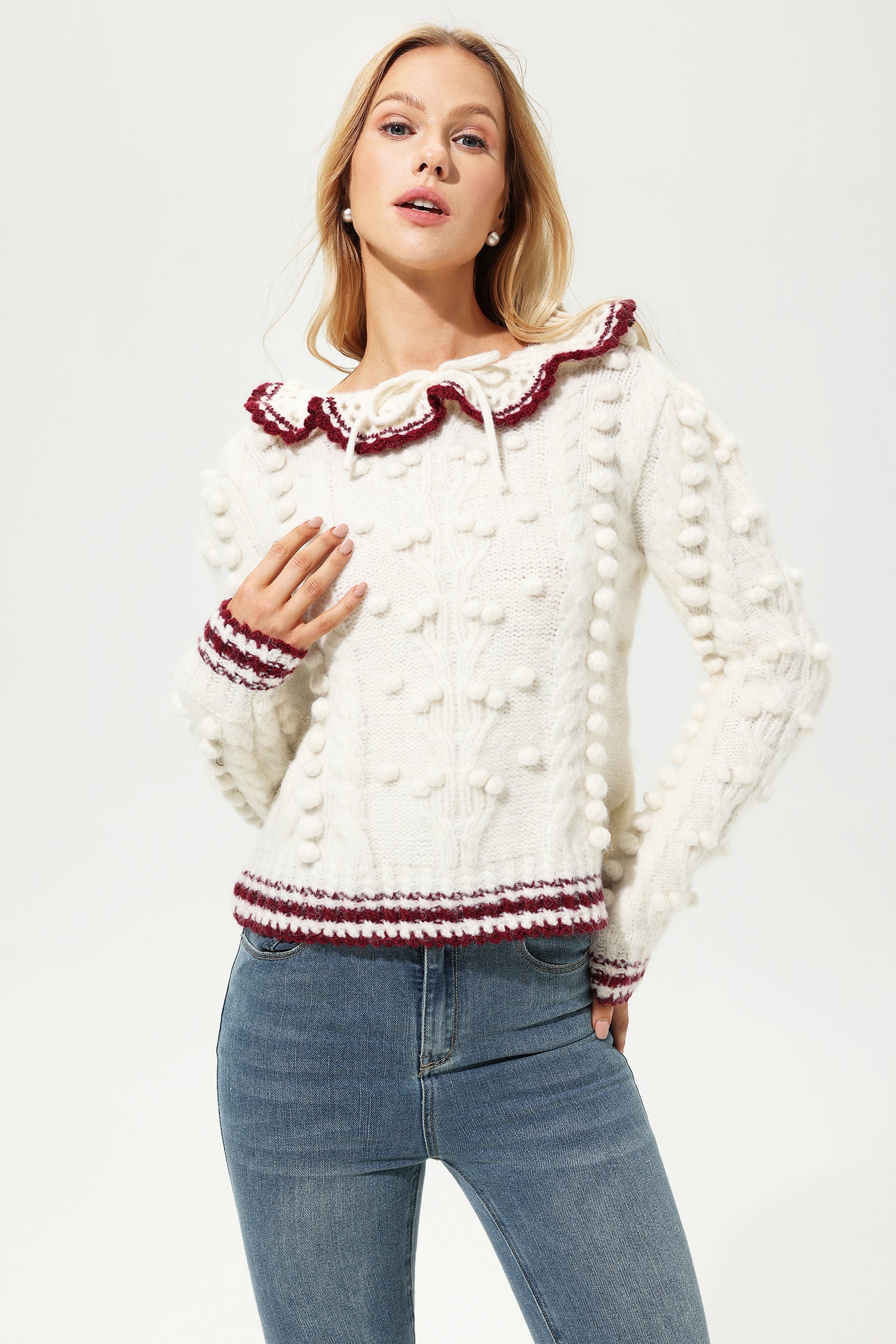 Wool Long Sleeve Crew Collar Crochet Sweater