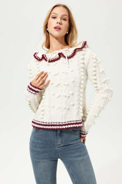 Wool Long Sleeve Crew Collar Crochet Sweater