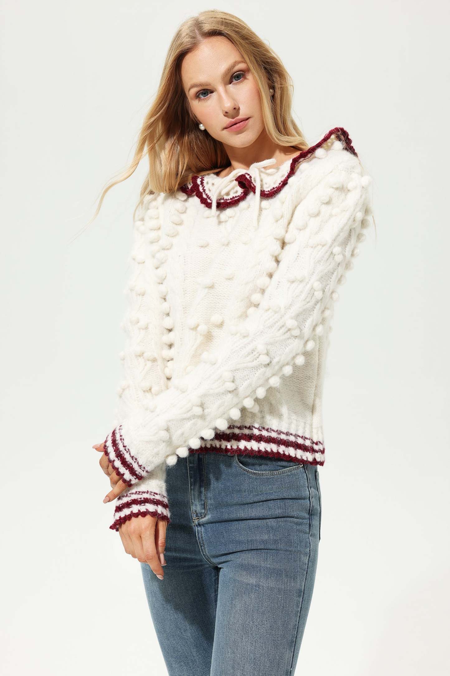 Wool Long Sleeve Crew Collar Crochet Sweater