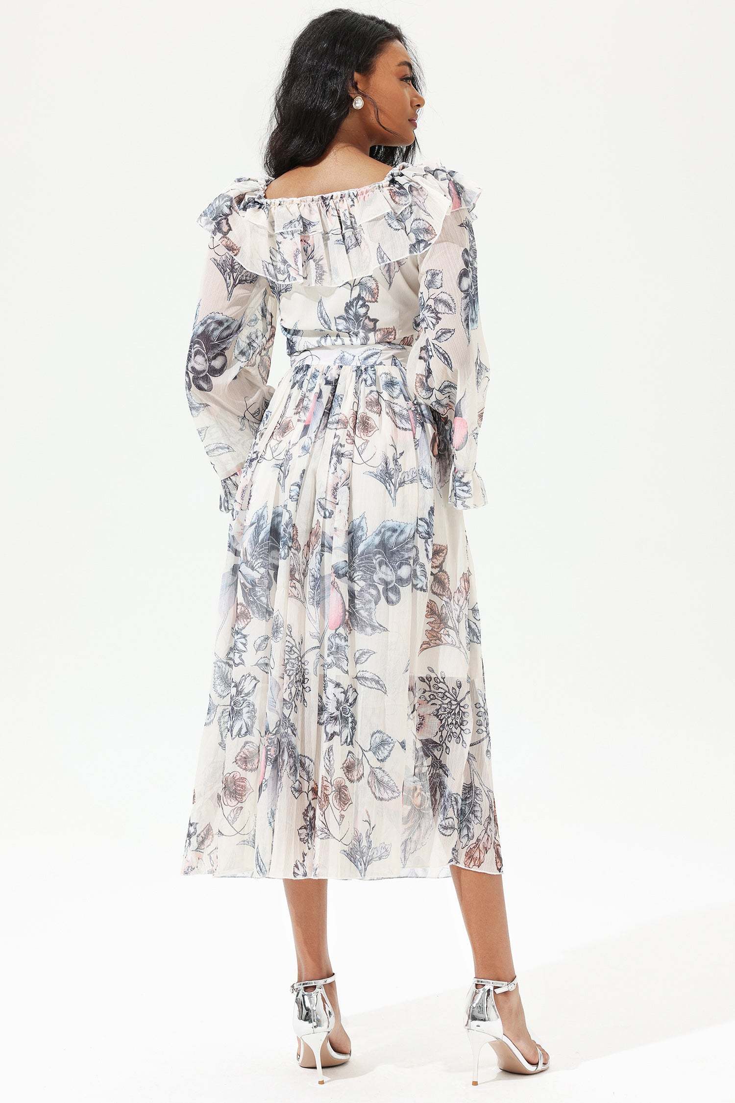 Printed Flared Sleeve Off-Shoulder Midi Dress
