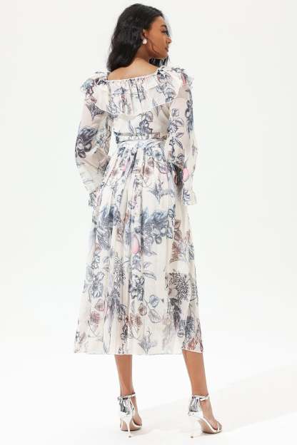 Printed Flared Sleeve Off-Shoulder Midi Dress