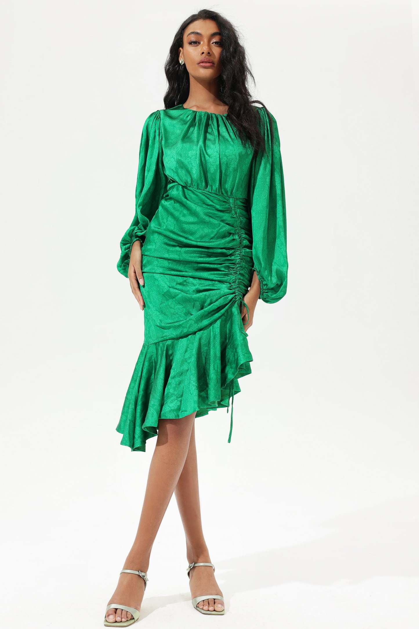Lantern Sleeve Round Collar Tapered Waist Midi Dress Green
