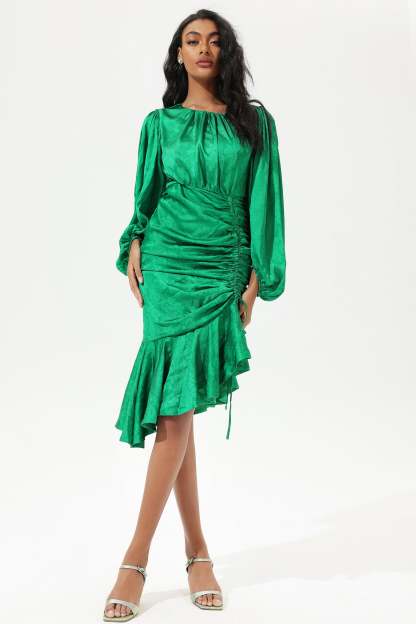 Lantern Sleeve Round Collar Tapered Waist Midi Dress Green