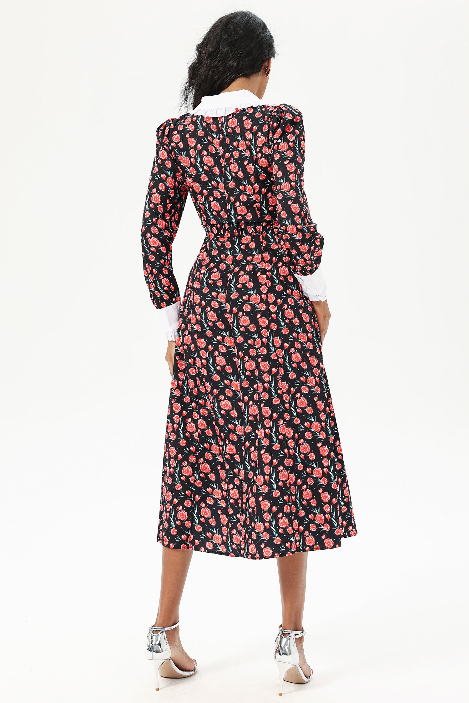 Floral Long Sleeve Doll Collar Buttoned Midi Dress Black