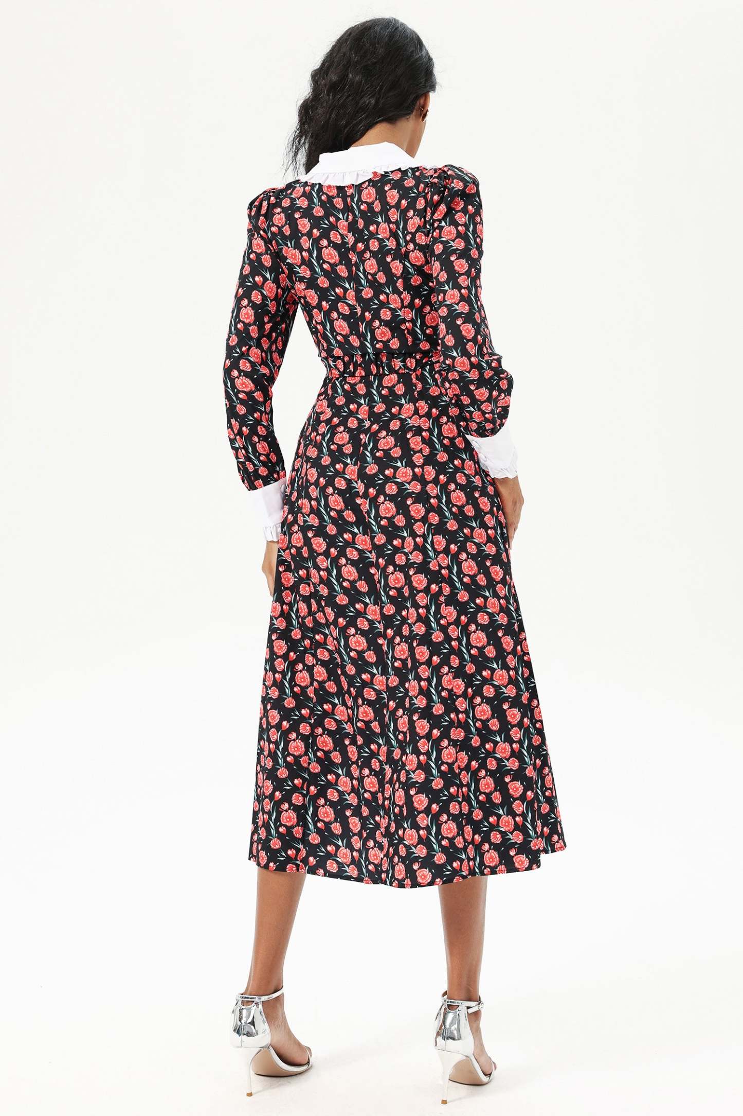 Floral Long Sleeve Doll Collar Buttoned Midi Dress Black