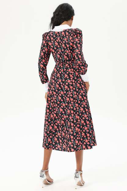 Floral Long Sleeve Doll Collar Buttoned Midi Dress Black
