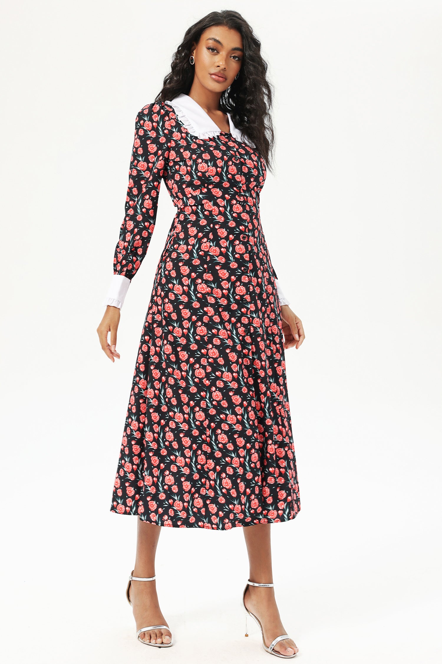 Floral Long Sleeve Doll Collar Buttoned Midi Dress Black