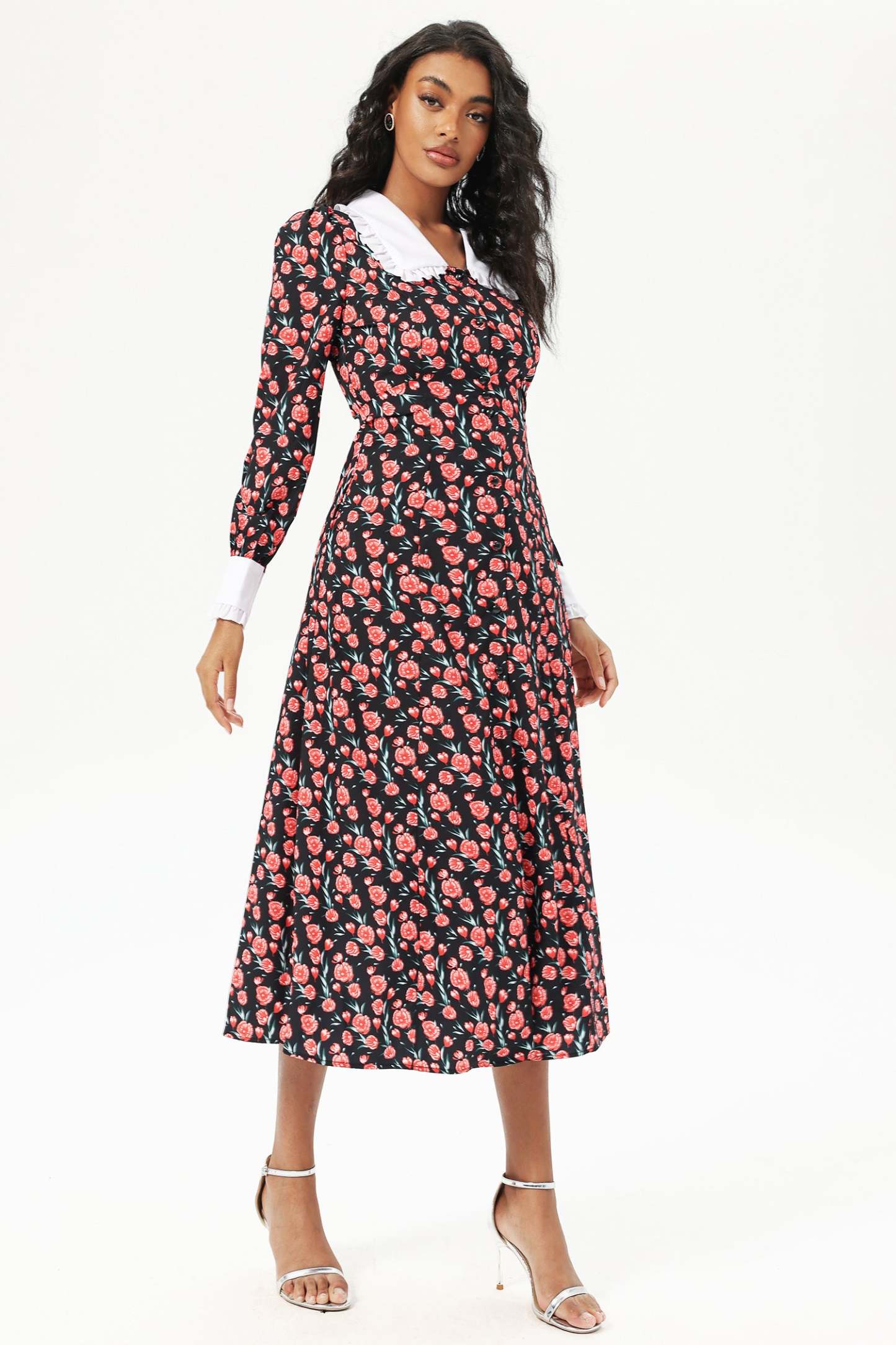 Floral Long Sleeve Doll Collar Buttoned Midi Dress Black